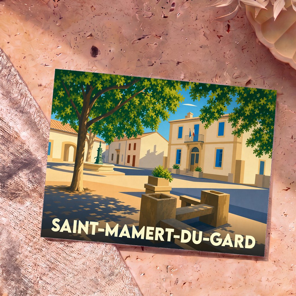 Carte postale souvenir de la ville de Saint-Mamert-du-Gard avec une illustration stylisée d'une place ensoleillée.