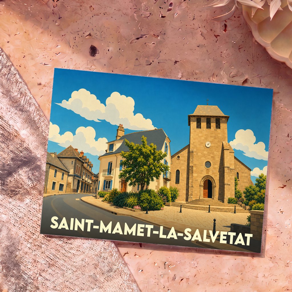 Carte postale souvenir de la ville de Saint-Mamet-la-Salvetat avec une illustration stylisée de son église et de ses maisons typiques.