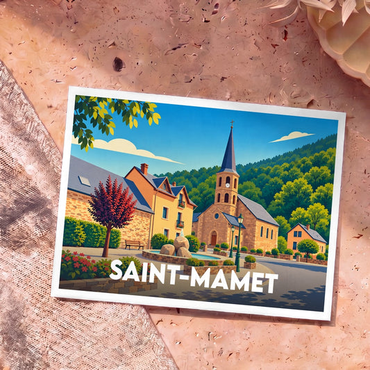 Carte postale souvenir de la ville de Saint-Mamet avec une illustration stylisée de sa place centrale et de son église.
