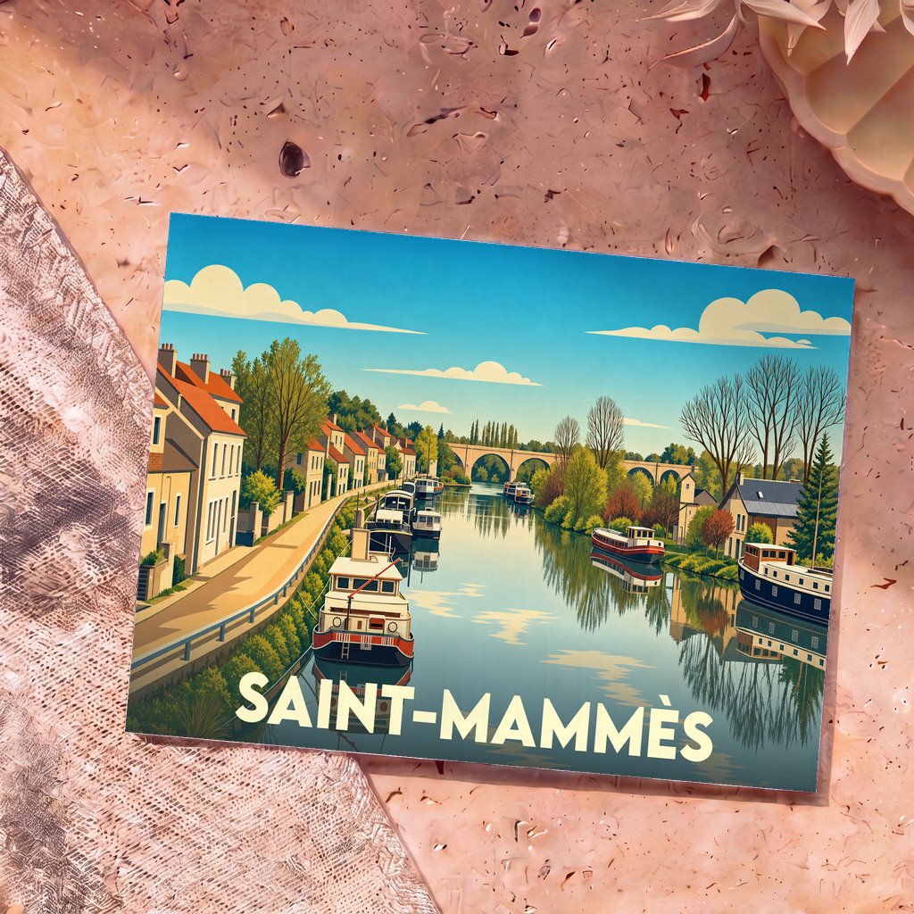 Carte postale souvenir de la ville de Saint-Mammès avec une illustration stylisée d'un canal et de ses péniches.