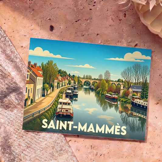 Carte postale souvenir de la ville de Saint-Mammès avec une illustration stylisée d'un canal et de ses péniches.