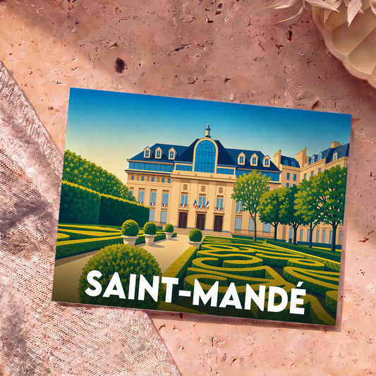 Carte postale souvenir de la ville de Saint-Mandé illustrant l'hôtel de ville et ses jardins.