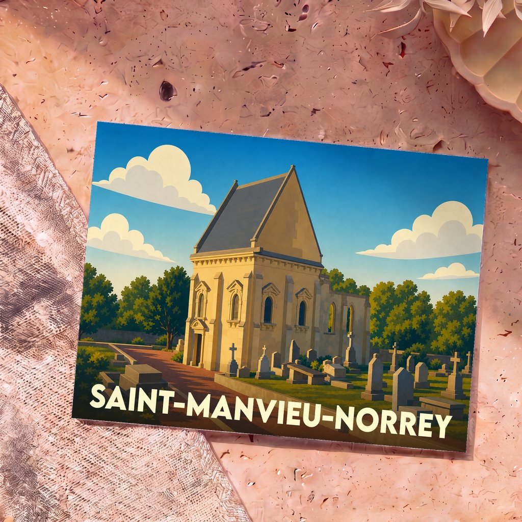 Carte postale souvenir de la ville de Saint-Manvieu-Norrey avec une illustration stylisée de son église et de son cimetière.
