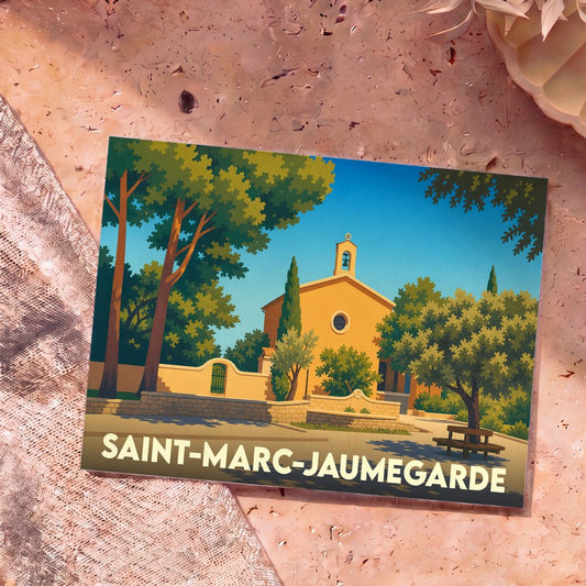 Carte postale souvenir de la ville de Saint-Marc-Jaumegarde avec une illustration stylisée de son église sous un ciel bleu.