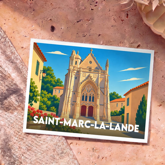 Carte postale souvenir de la ville de Saint-Marc-la-Lande avec une illustration stylisée de sa collégiale.