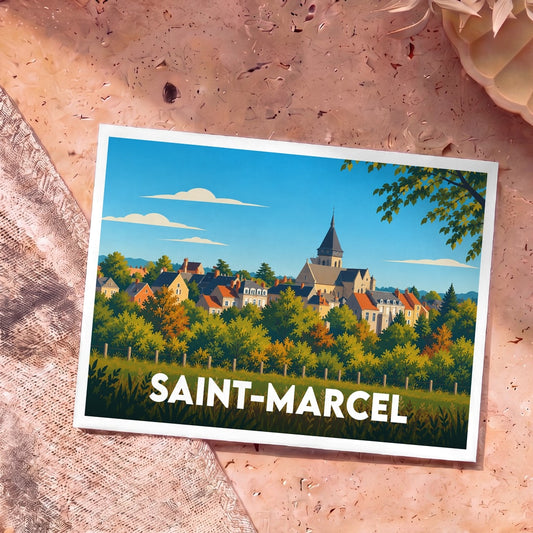 Carte postale souvenir de la ville de Saint-Marcel avec une illustration stylisée montrant son église et ses maisons entourées de verdure.