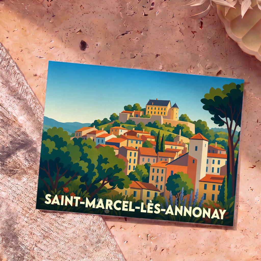 Carte postale souvenir de la ville de Saint-Marcel-lès-Annonay avec une illustration stylisée et colorée.
