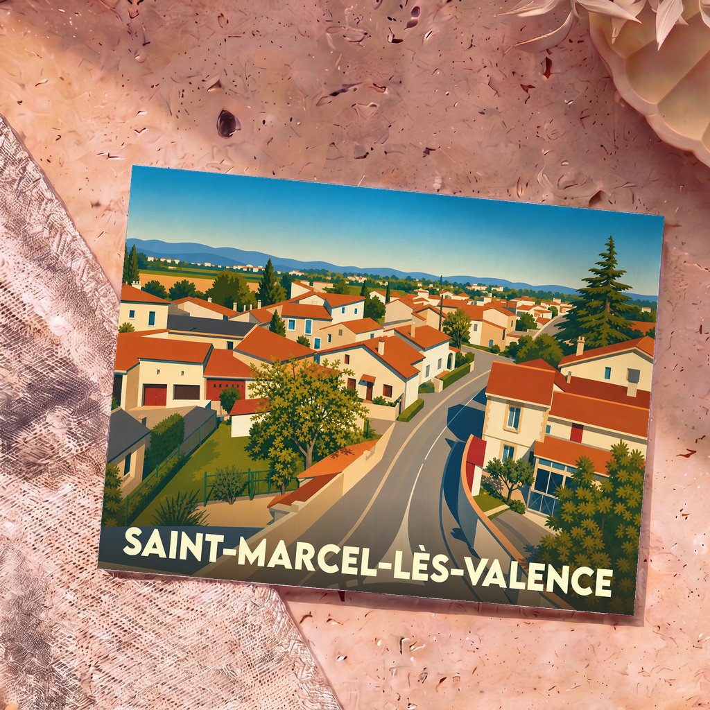 Carte postale souvenir de la ville de Saint-Marcel-lès-Valence avec une illustration stylisée de ses maisons aux toits rouges.