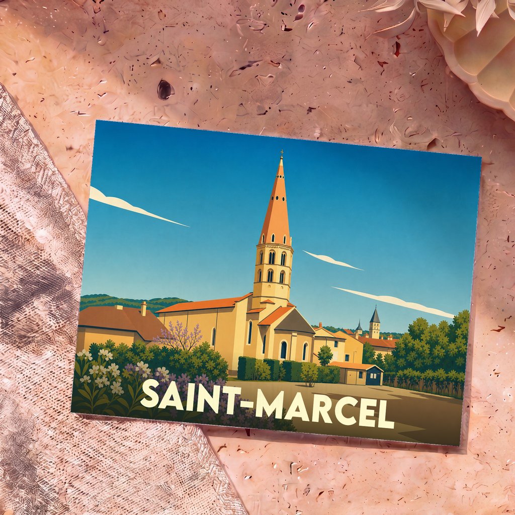 Carte postale souvenir de la ville de Saint-Marcel illustrant son église dans un style graphique épuré.