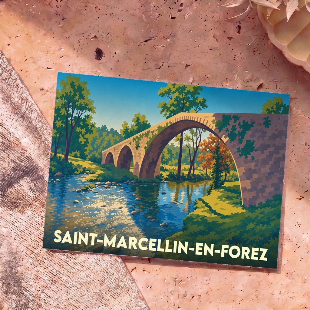 Carte postale souvenir de la ville de Saint-Marcellin-en-Forez illustrant un vieux pont en pierre au-dessus d'une rivière.