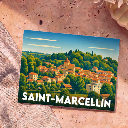Carte postale souvenir de la ville de Saint-Marcellin illustrant un paysage urbain et arboré de style rétro.
