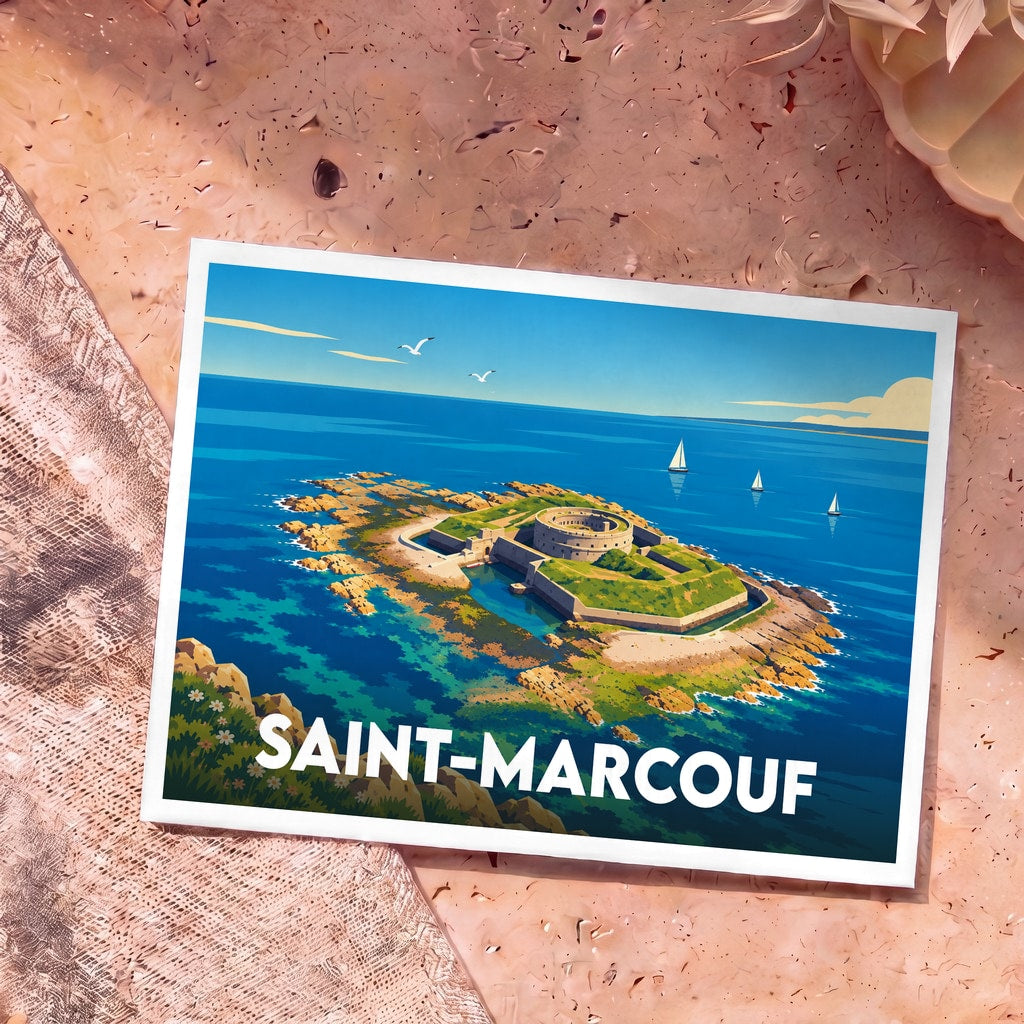Carte postale souvenir de Saint-Marcouf avec une illustration stylisée de son fort maritime entouré par la mer.