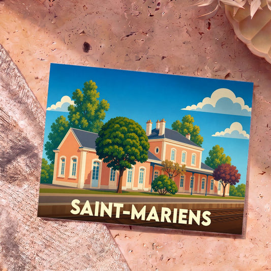 Carte postale souvenir de la ville de Saint-Mariens avec une illustration stylisée de sa gare.