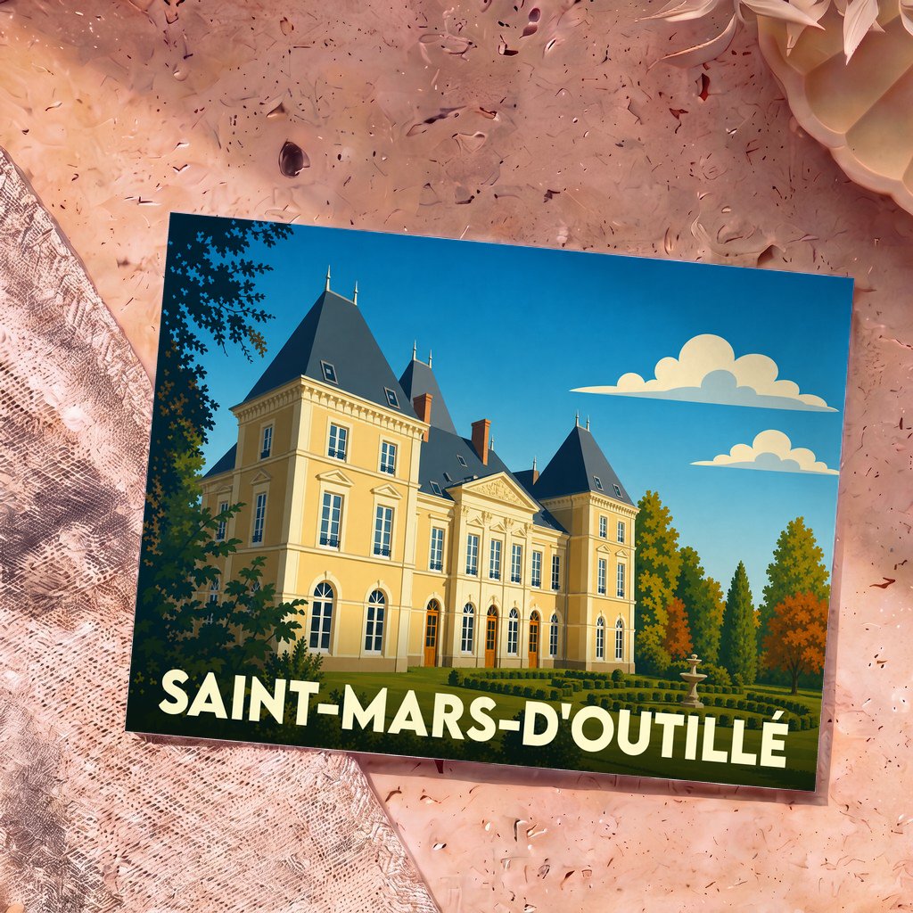 Carte postale souvenir de la ville de Saint-Mars-d'Outillé avec une illustration stylisée d'un château.