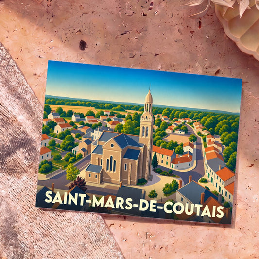 Carte postale souvenir de la ville de Saint-Mars-de-Coutais avec une illustration stylisée de son église et de ses maisons.