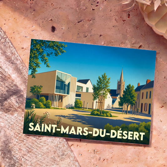 Carte postale souvenir de la ville de Saint-Mars-du-Désert avec une illustration stylisée mêlant architecture moderne et traditionnelle.