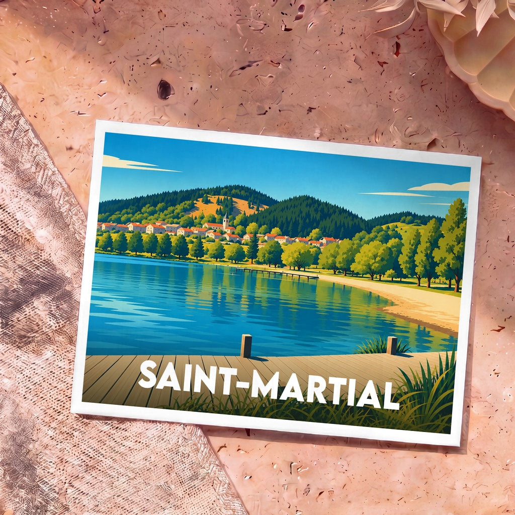 Carte postale souvenir de la ville de Saint-Martial illustrant son lac et son village dans un style graphique épuré.