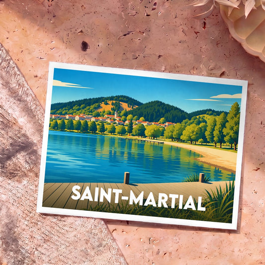 Carte postale souvenir de la ville de Saint-Martial illustrant son lac et son village dans un style graphique épuré.