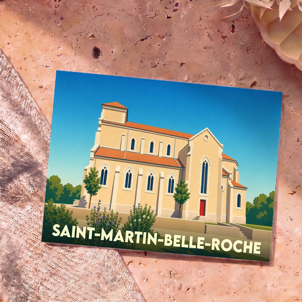 Carte postale souvenir de la commune de Saint-Martin-Belle-Roche avec une illustration stylisée de son église.