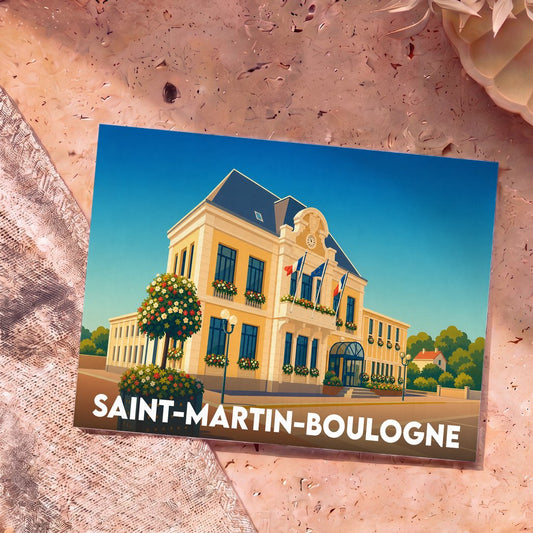 Carte postale souvenir de la ville de Saint-Martin-Boulogne avec une illustration stylisée de son hôtel de ville.