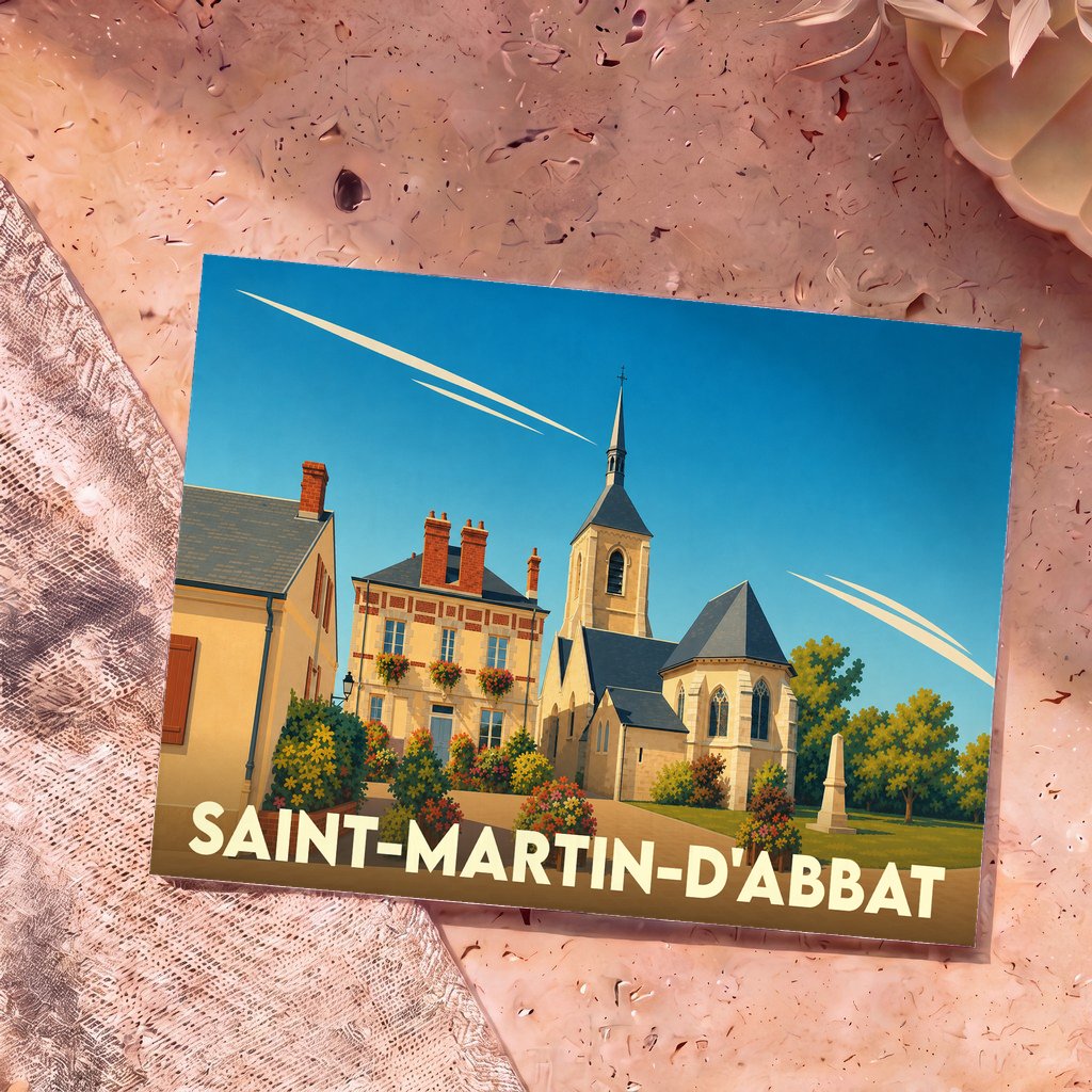 Carte postale souvenir de la ville de Saint-Martin-d'Abbat avec une illustration stylisée de son église et de ses maisons fleuries.