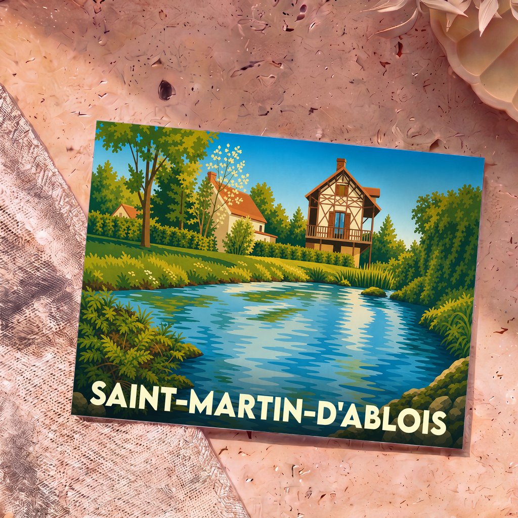 Carte postale souvenir de la ville de Saint-Martin-d'Ablois illustrant un paysage paisible avec une maison à colombages au bord de l'eau.