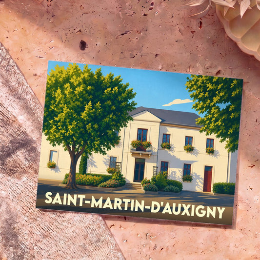 Carte postale souvenir de la ville de Saint-Martin-d'Auxigny avec une illustration stylisée de sa mairie.