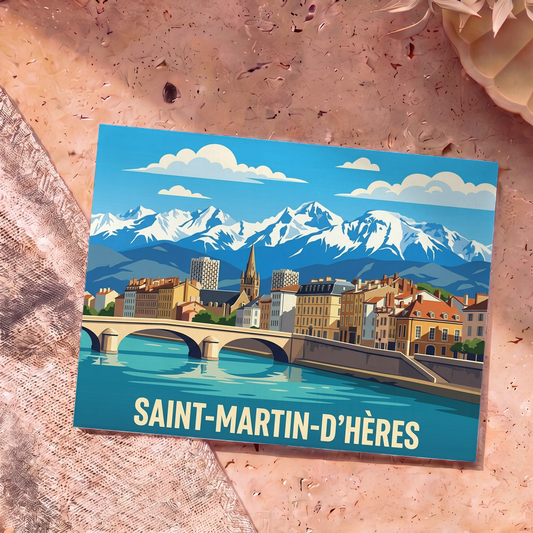 Carte postale souvenir de la ville de Saint-Martin-d'Hères arborant une illustration stylisée des montagnes enneigées et du front de mer.