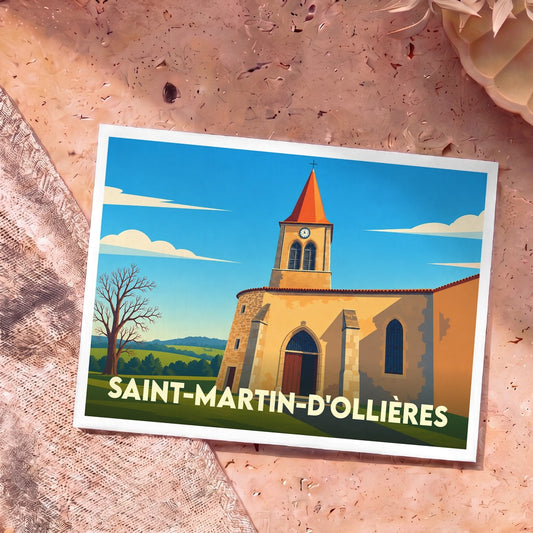 Carte postale souvenir de la ville de Saint-Martin-d'Ollières avec une illustration stylisée de son église.