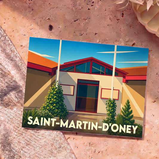 Carte postale souvenir de la ville de Saint-Martin-d'Oney avec une illustration stylisée de sa mairie.