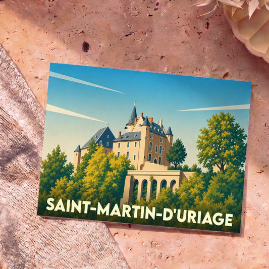 Carte postale souvenir de la ville de Saint-Martin-d'Uriage avec une illustration stylisée d'un château.
