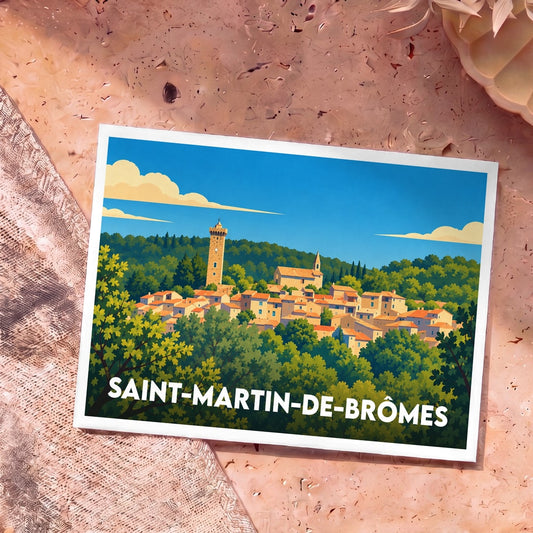 Carte postale souvenir de la ville de Saint-Martin-de-Brômes avec une illustration stylisée.