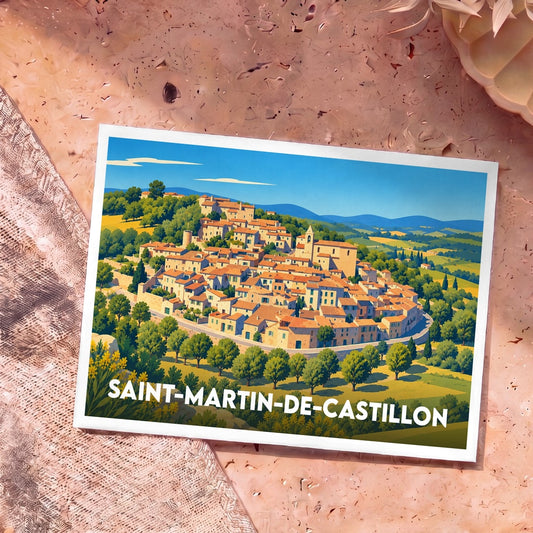 Carte postale souvenir de Saint-Martin-de-Castillon avec une illustration stylisée et colorée du village perché.