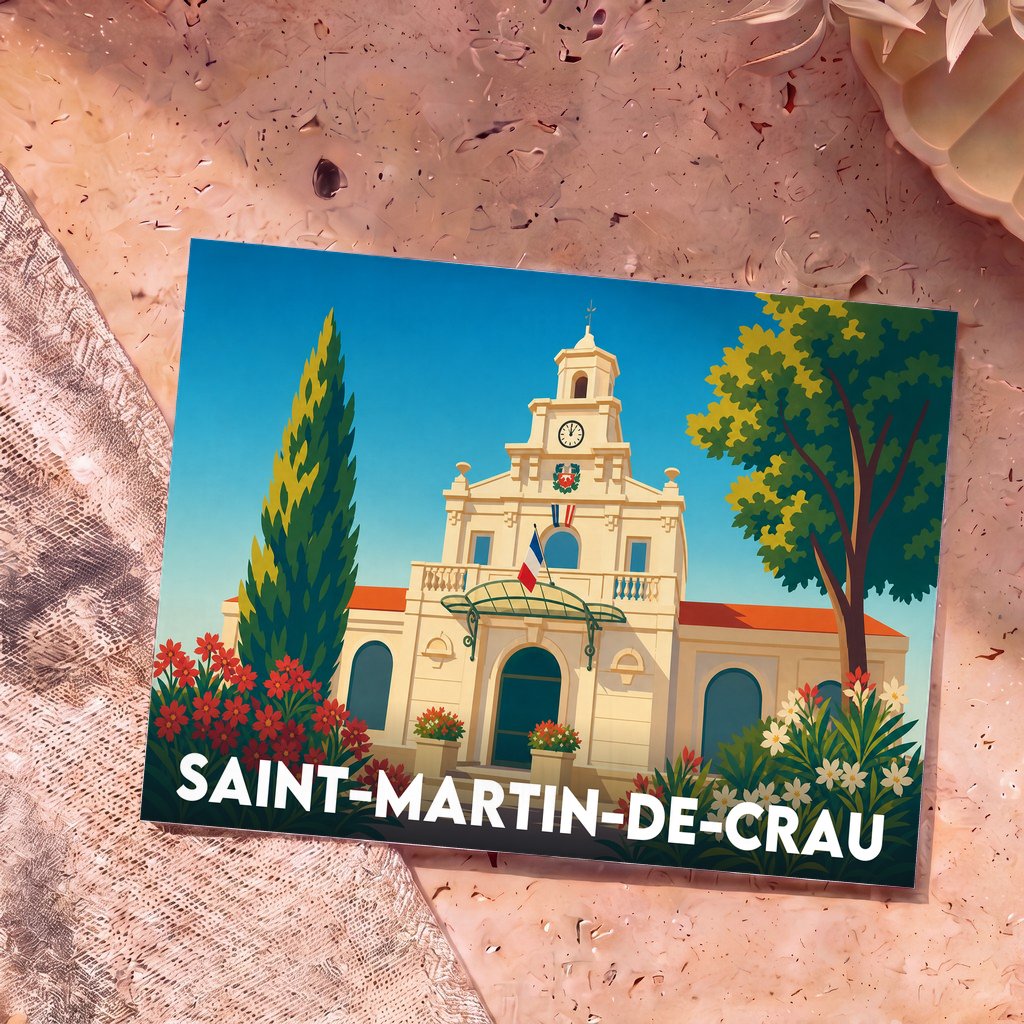 Carte postale souvenir de la ville de Saint-Martin-de-Crau avec une illustration stylisée de son hôtel de ville.