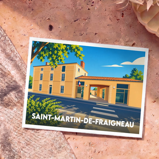 Carte postale souvenir de la ville de Saint-Martin-de-Fraigneau avec une illustration stylisée d'un bâtiment communal.