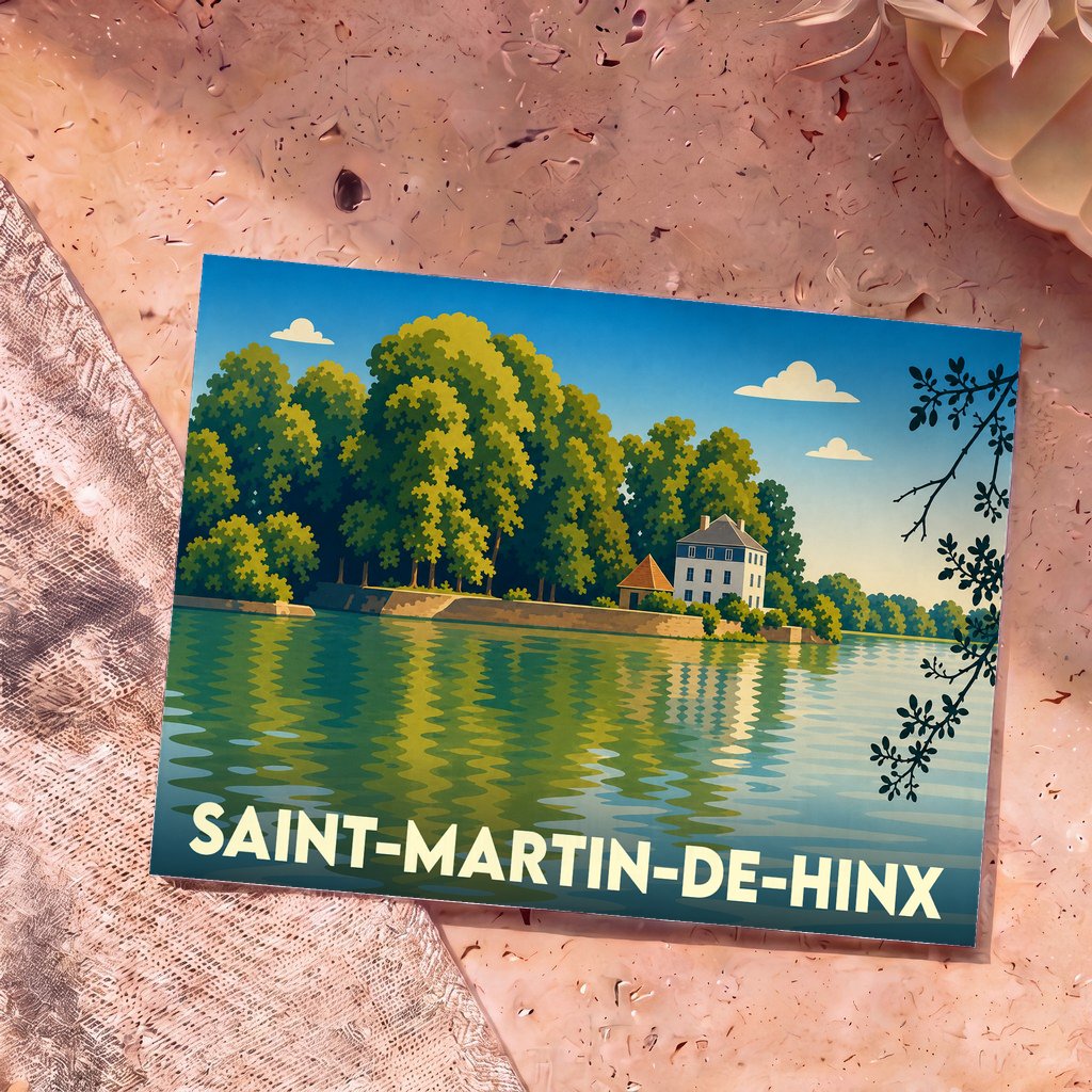 Carte postale souvenir de la ville de Saint-Martin-de-Hinx avec une illustration stylisée d'une maison en bord d'eau.
