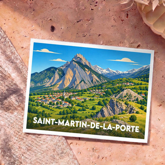 Carte postale souvenir de la ville de Saint-Martin-de-la-Porte avec une illustration stylisée de ses montagnes et de son village.