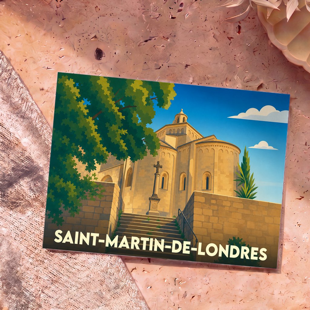 Carte postale souvenir de la ville de Saint-Martin-de-Londres avec une illustration stylisée de son église romane.
