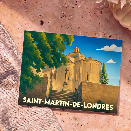 Carte postale souvenir de la ville de Saint-Martin-de-Londres avec une illustration stylisée de son église romane.
