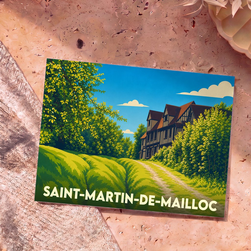 Carte postale souvenir de la ville de Saint-Martin-de-Mailloc illustrant un manoir à colombages dans un paysage verdoyant.