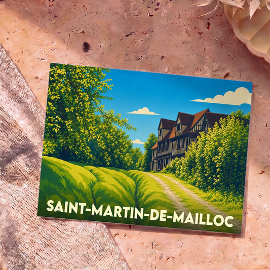 Carte postale souvenir de la ville de Saint-Martin-de-Mailloc illustrant un manoir à colombages dans un paysage verdoyant.
