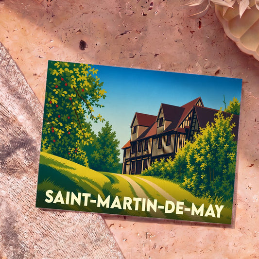 Carte postale souvenir de Saint-Martin-de-May avec une illustration stylisée d'un manoir normand à colombages.