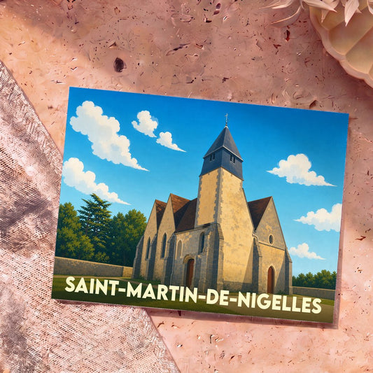 Carte postale souvenir de la ville de Saint-Martin-de-Nigelles avec une illustration stylisée de son église.