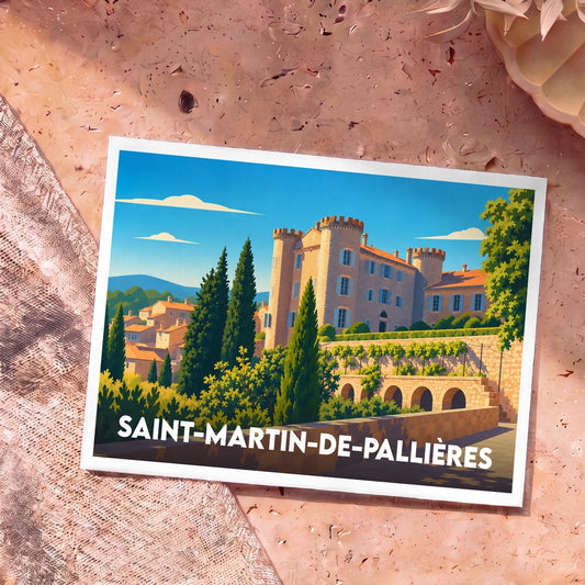 Carte postale souvenir de la ville de Saint-Martin-de-Pallières illustrant son château et ses jardins dans un style graphique épuré.