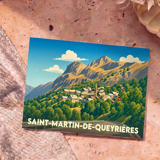 Carte postale souvenir de Saint-Martin-de-Queyrières avec une illustration stylisée du village et des montagnes.