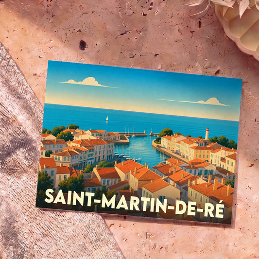 Carte postale souvenir de la ville de Saint-Martin-de-Ré illustrant son port et ses maisons typiques dans un style graphique épuré.