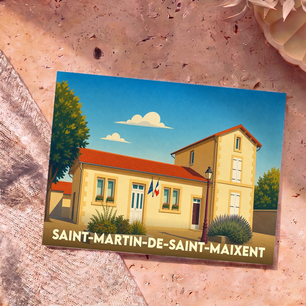 Carte postale souvenir de Saint-Martin-de-Saint-Maixent avec une illustration stylisée de la mairie.