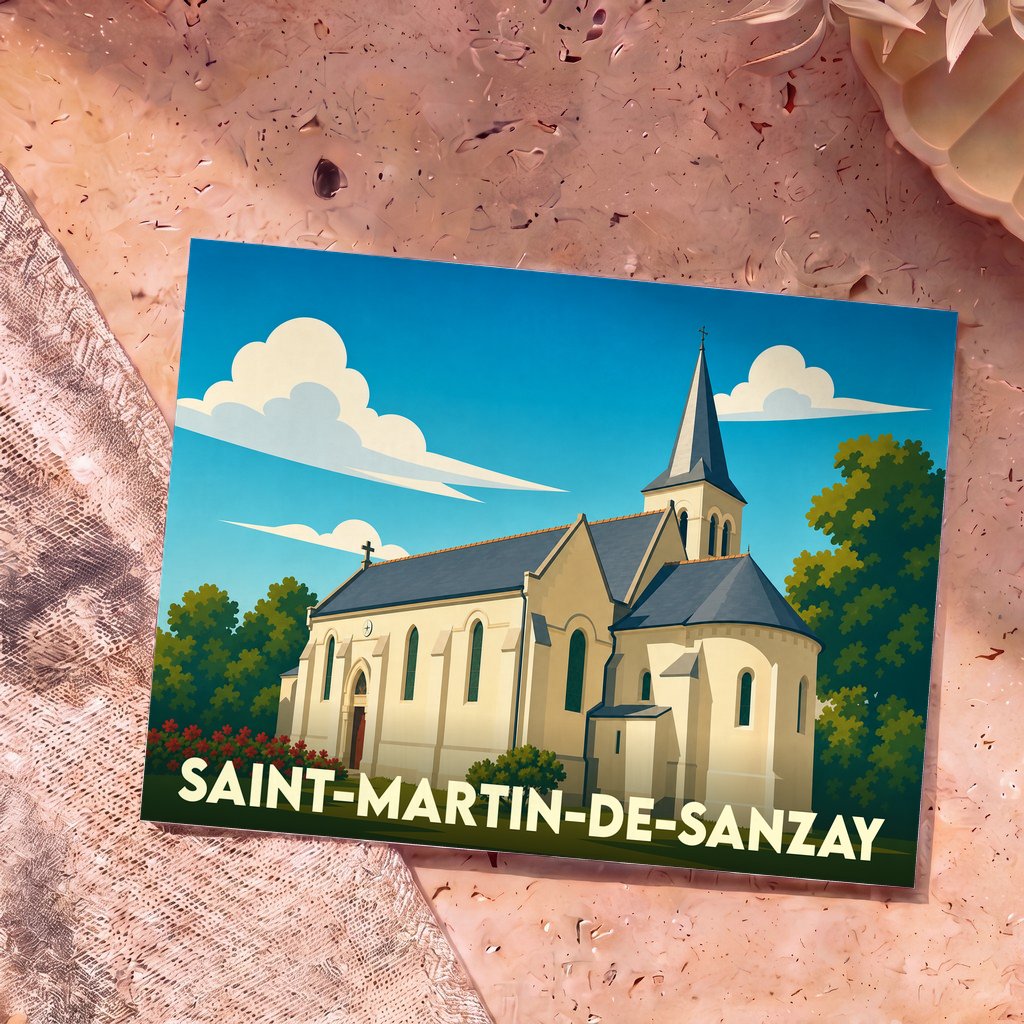 Carte postale souvenir de Saint-Martin-de-Sanzay avec une illustration stylisée de son église sous un ciel bleu.