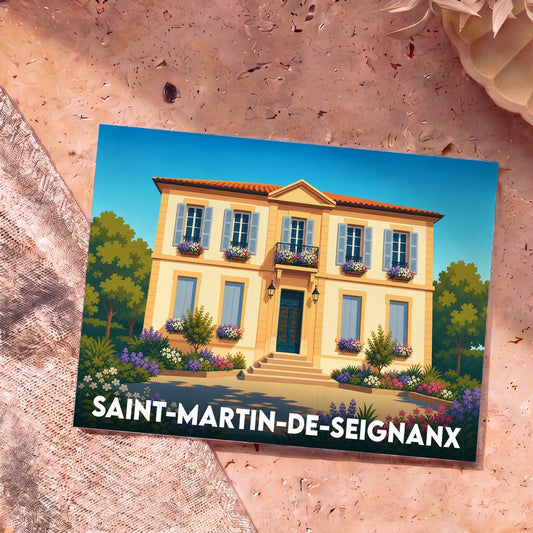 Carte postale souvenir de la ville de Saint-Martin-de-Seignanx avec une illustration stylisée d'une maison traditionnelle fleurie.