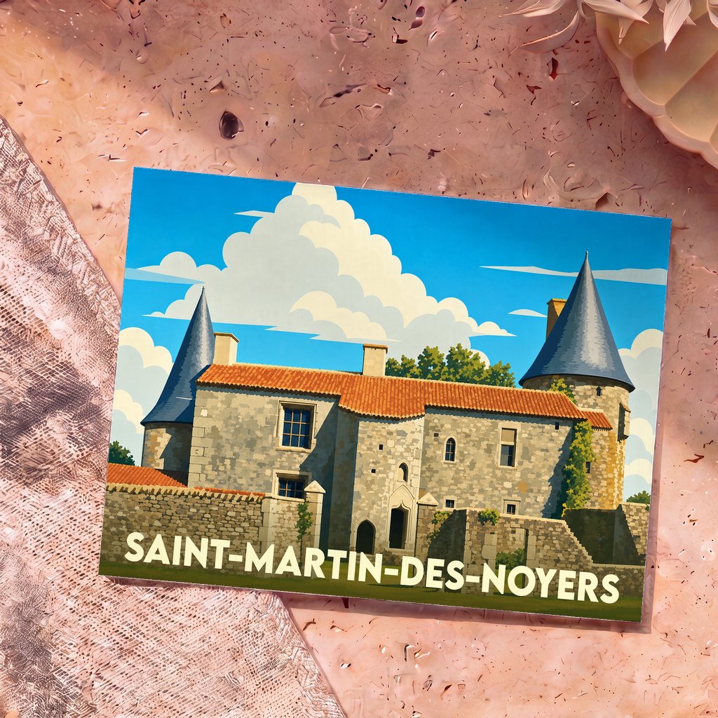 Carte postale souvenir de la ville de Saint-Martin-des-Noyers avec une illustration stylisée d'un château médiéval.